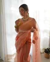 Gazing Soft Peach Rose Printed Pure Organza Saree